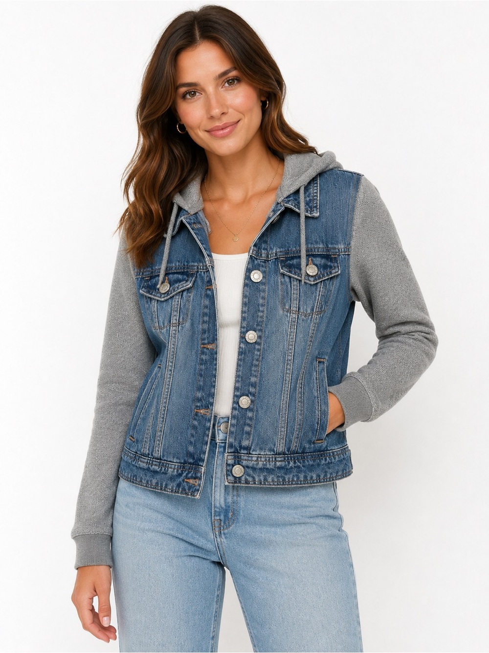 American Eagle Hooded Denim Jacket | Gray Knit Sleeves | Small